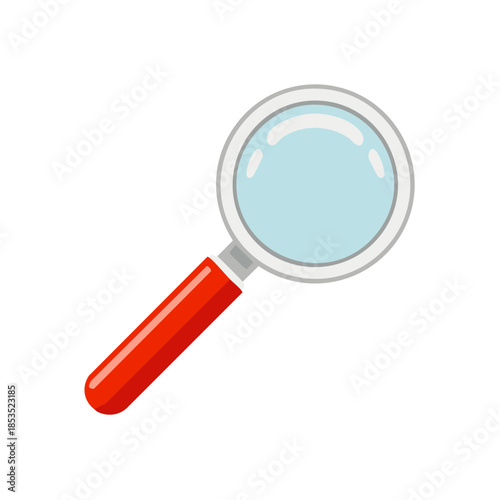 Red magnifying glass for searching and investigation a single object with handle on white background
