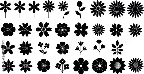 Flower Silhouette Vector Set Featuring Botanical Floral Shapes, Garden Plants, Decorative Blossoms and Nature Design Elements in Black Style