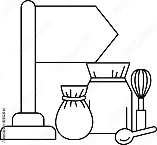 A flag is on a pole and a bag is next to it