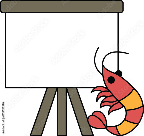 A shrimp is sitting on a stand in front of a blank white board