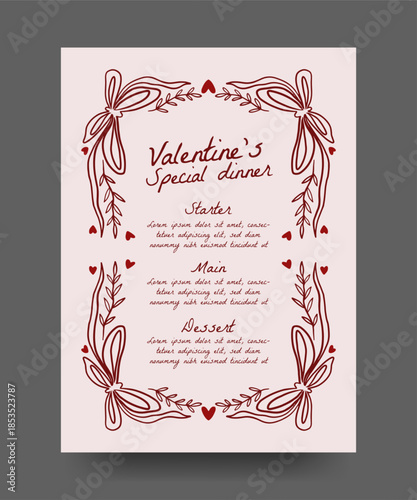 Hand drawn line art Valentine dinner menu with heart, branches, ribbon bows element. trendy vintage border illustration for invitation, wedding, valentine, birthday party