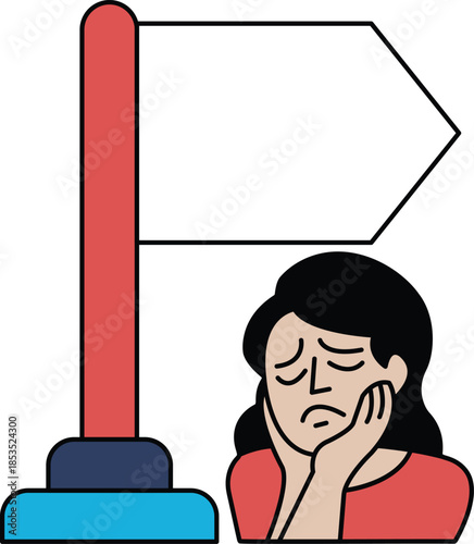 woman is looking at a sign. She is sad and looking down