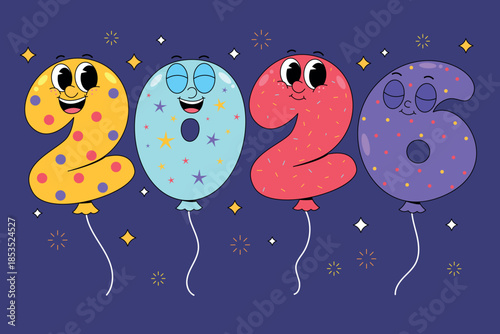 Happy 2026 Balloons with Cheerful Cartoon Faces