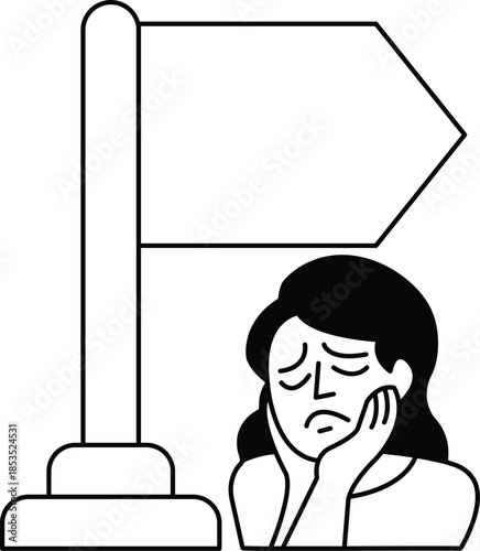 woman is looking at a sign. She is sad and looking down