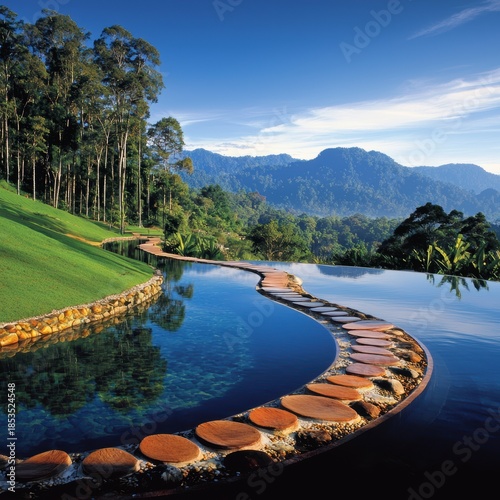 Tranquil reflection of nature mountain landscape photography serene environment wide angle peaceful escapism