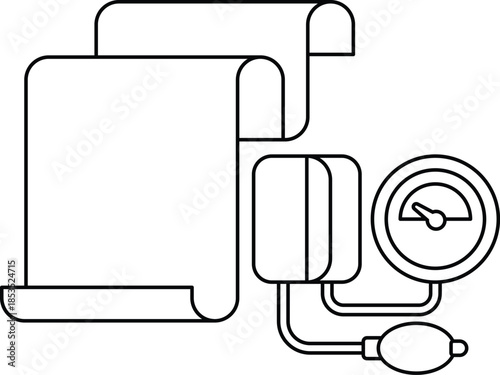 A black and white drawing of a blood pressure cuff and a piece of paper