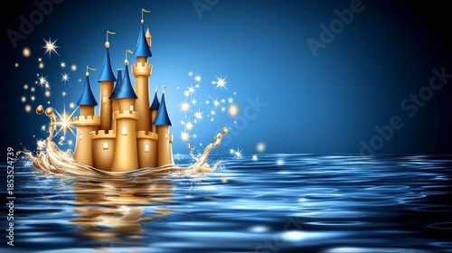 Magical castle on water fantasy realm digital art enchanted environment from above whimsical adventure