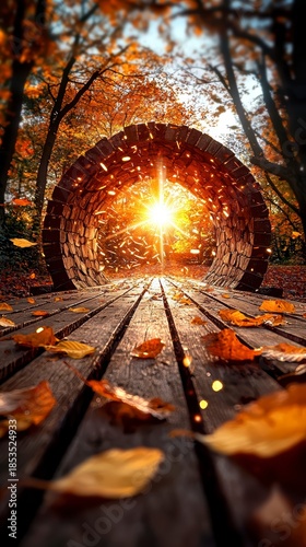 Autumn leaves fall through circular pathway enchanted forest photo capture golden light scenic view nature's beauty
