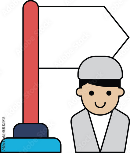 A man is standing in front of a flagpole