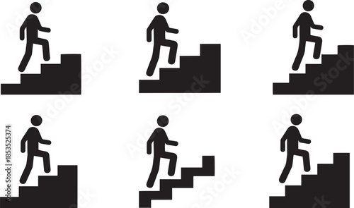 Black stick figures climbing stairs in different positions white background