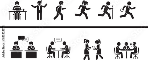 Black stick figures working running talking people