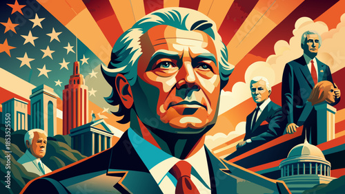 Politician portrait against american flag background Vector