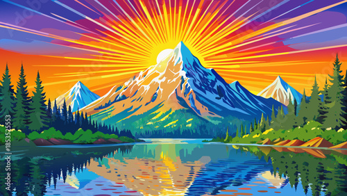 Mountain sunrise over lake reflection Vector