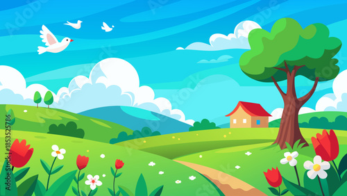 summer landscape with trees and clouds