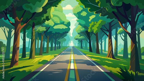 Road through a green forest Vector