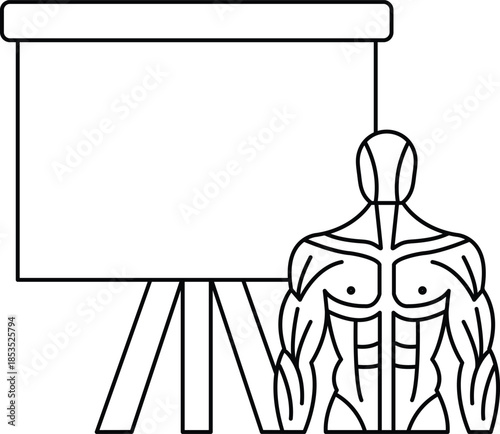 A man with a muscular body is standing in front of a white board