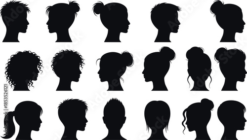 Female Head Profile Silhouette Vector Set Featuring Women Hairstyles, Side View Portraits, Beauty, Fashion, Identity and Human Character Design Elements