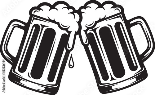 Two beer mug cheers celebration silhouette vector black on a white background