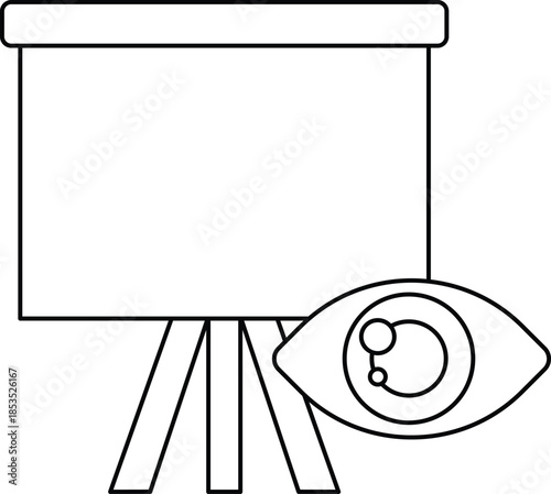 A black and white drawing of a projector screen with an eye in the center