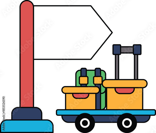 A sign with a flag and a luggage cart