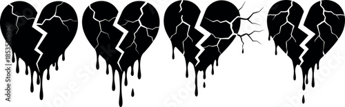 Broken Heart Silhouette Vector Set Representing Heartbreak, Emotional Pain, Love Loss, Sadness, Depression and Relationship Trauma Concept in Dripping Style