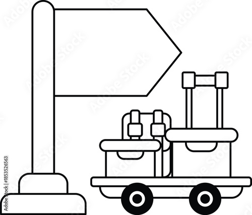 A sign with a flag and a luggage cart