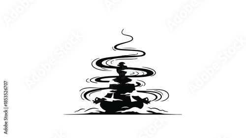 Silhouette of a figure meditating amidst swirling black ink, representing tranquility and focus.
