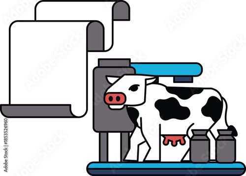 A cow is standing in front of a milk machine