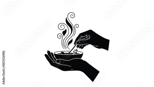 Warm hands gently stir steaming bowl of food, creating aromatic wisps of steam