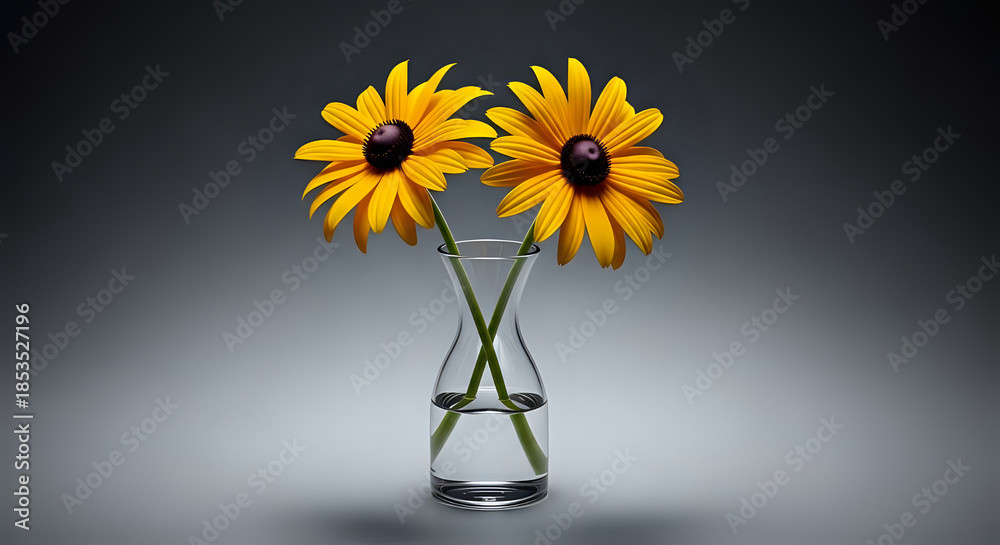 Fototapeta premium Two Yellow Rudbeckia Flowers in a Clear Glass Vase