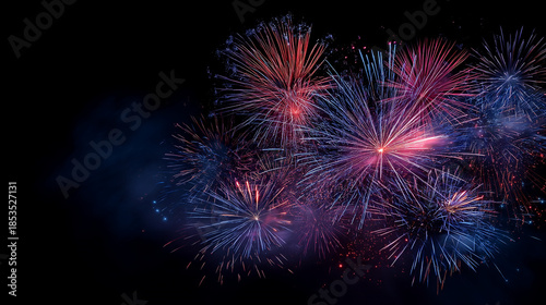 Spectacular Blue and Pink Firework Bursts Exploding in Dark Night Sky