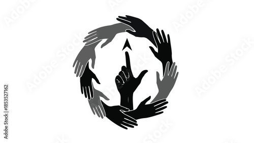 Diverse hands form a circle of support, pointing upwards towards growth and unity.