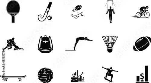 Collection of various sports equipment and activities icons