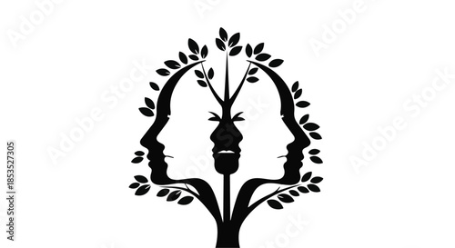 Symbolic tree of life formed by two profiles and inner faces, representing connection and growth.