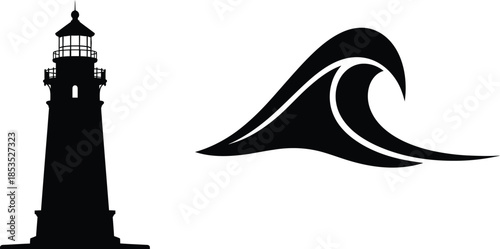 Lighthouse and wave silhouette graphic