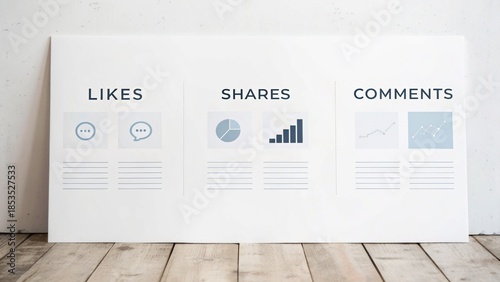 A graphic showing social media engagement metrics: likes, shares, and comments, displayed on a clean, minimalistic background.