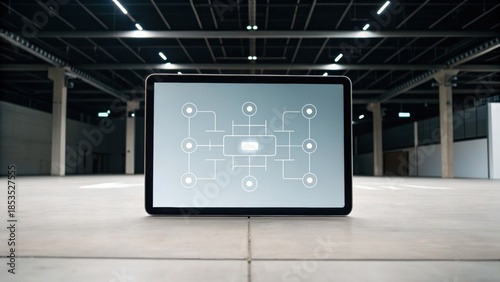 A digital screen displaying a flowchart or network diagram, set in an industrial space with minimalistic design.