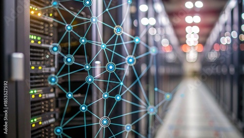 A close-up view of server racks with a digital network overlay, showcasing data connections and modern technology in a data center environment.