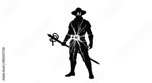 Mysterious silhouette of a warrior in historical costume holding a staff and sword, ready for adventure.