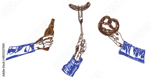 Hands Holding Beer, Pretzel, and Sausage Illustration