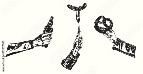 Vintage Beer Toast, Pretzel, and Sausage Illustration
