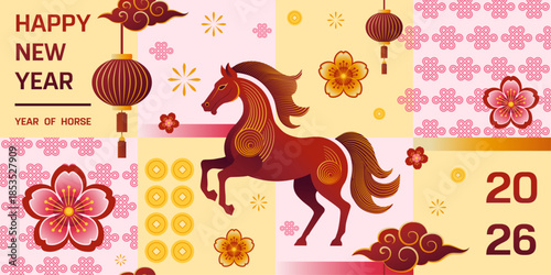 Chinese New Year Year of the Horse Seamless Pattern Vector Illustration