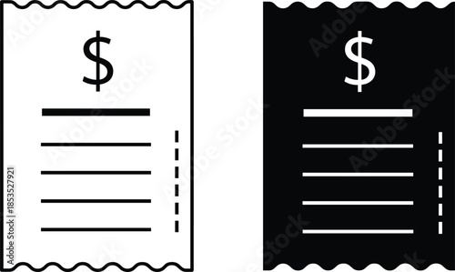 Receipt and invoice document icons in light and dark styles representing billing, payments, expenses, and financial records
