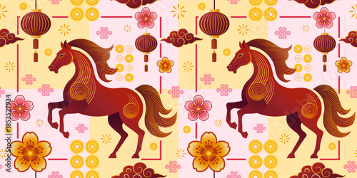 Chinese New Year Year of the Horse Seamless Pattern Vector Illustration