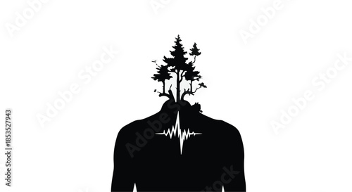 Silhouette of a person's head and shoulders with a forest growing from their mind and a heartbeat line within.