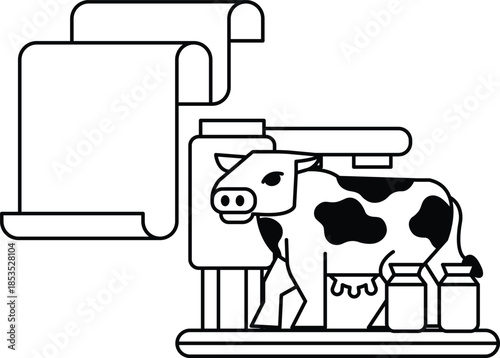 A cow is standing in front of a milk machine