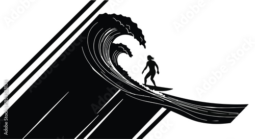 Surfer bravely rides a massive ocean wave with dynamic stylized background