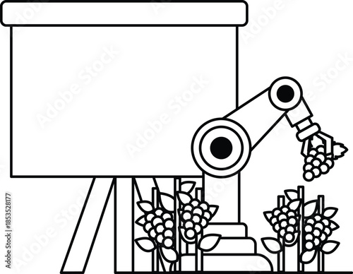 A robot is picking grapes from a vineyard