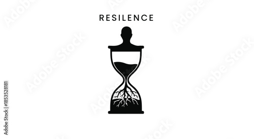 Symbol of resilience with roots growing inside an hourglass and a human silhouette