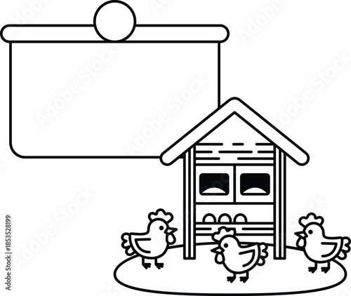 A white and black picture of three chickens and a chicken house